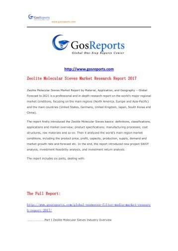 Deduction of Gosreports： Zeolite Molecular Sieves Market Research Report 2017