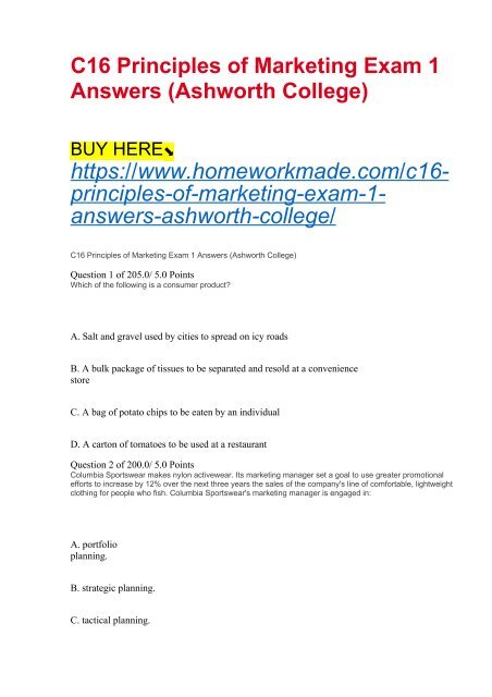 C16 Principles of Marketing Exam 1 Answers (Ashworth College)