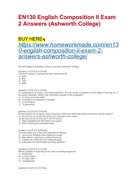 High School Essays Samples English Persuasive Essay Topics also English Sample Essays En English Composition Ii Exam Answers Ashworth College How To Stay Healthy Essay