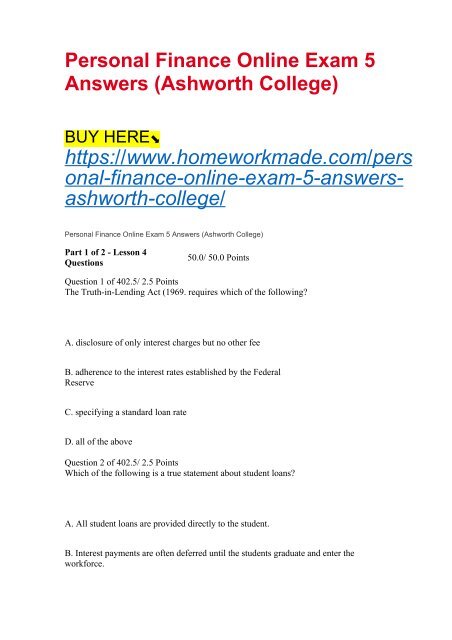 Personal Finance Online Exam 5 Answers (Ashworth College)