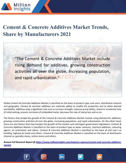 Cement &amp; Concrete Additives Market Trends, Share by Manufacturers 2021