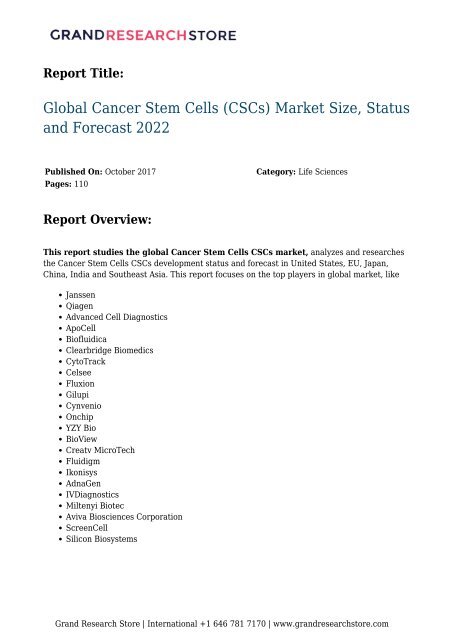 Global Cancer Stem Cells (CSCs) Market Size, Status and Forecast 2022