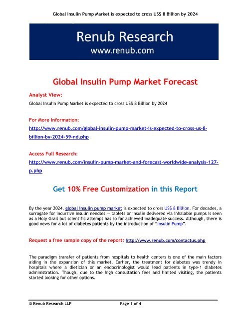 Global Insulin Pump Market is expected to cross US$ 8 Billion by 2024