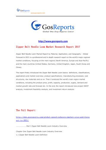 Gosreports Forecast： Zipper Belt Needle Loom Market Research Report 2017