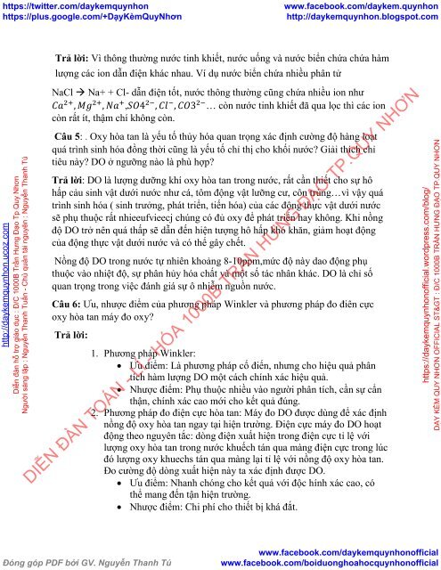 THẢO LUẬN HÓA MÔI TRƯỜNG CHỦ ĐỀ ĐÁNH GIÁ CHẤT LƯỢNG NGUỒN NƯỚC BỘ MÔN CÔNG NGHỆ KỸ THUẬT MÔI TRƯỜNG MTA