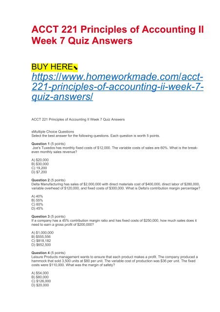 ACCT 221 Principles of Accounting II Week 7 Quiz Answers