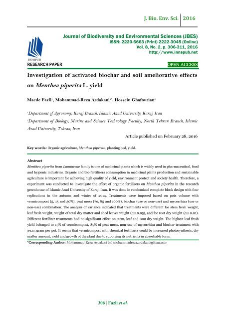 Investigation of activated biochar and soil ameliorative effects on Menthea piperita L. yield