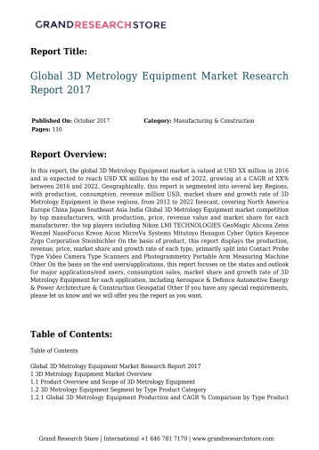 3D Metrology Equipment Market Research Report 2017