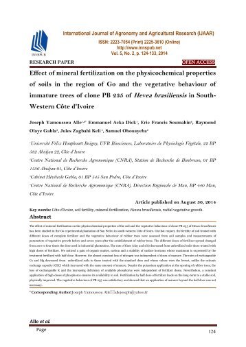 Effect of mineral fertilization on the physicochemical properties of soils in the region of Go and the vegetative behaviour of immature trees of clone PB 235 of Hevea brasiliensis in South- Western Côte d'Ivoire