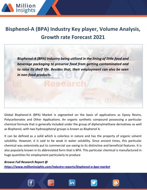 Bisphenol-A (BPA) Industry Key player, Volume Analysis, Growth rate Forecast 2021