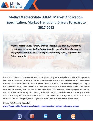 Methyl Methacrylate (MMA) Market Application, Specification, Market Trends and Drivers Forecast to 2017-2022