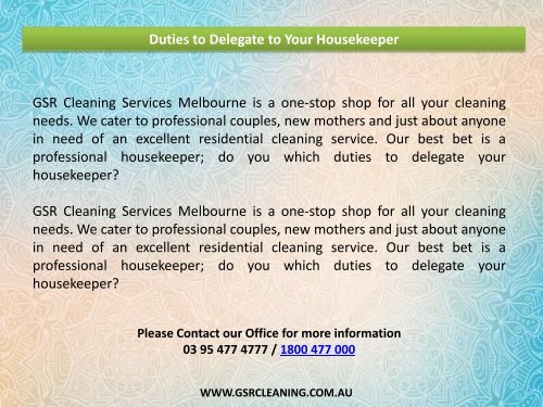 Duties to Delegate to Your Housekeeper - GSR Cleaning Service