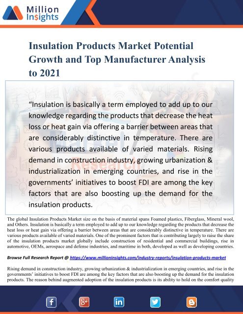 Insulation Products Market Potential Growth and Top Manufacturer Analysis to 2021