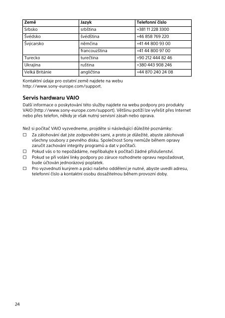 Sony SVE1512A4E - SVE1512A4E Documenti garanzia Ceco