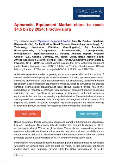 Apheresis Equipment Market share forecast to reach $4.5 bn by 2024