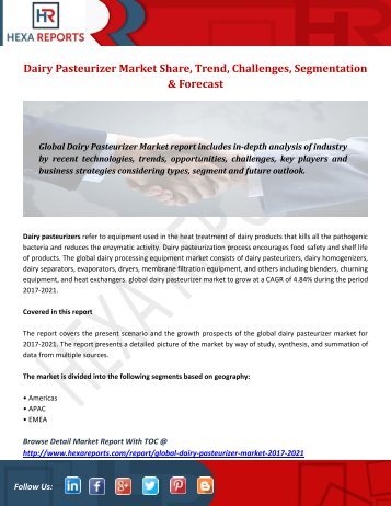 Dairy Pasteurizer Market Share, Trend, Challenges, Segmentation & Forecast