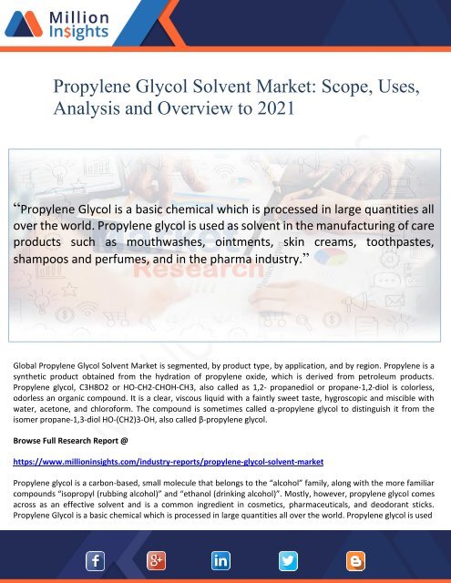 Propylene Glycol Solvent Market Scope, Uses, Analysis and Overview to 2021