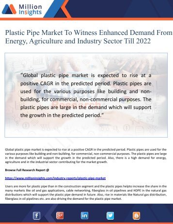 Plastic Pipe Market Growth, Application and Analysis by Region to 2022