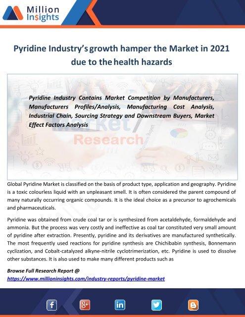 Pyridine Industry’s growth hamper the Market in 2021 due to the health hazards