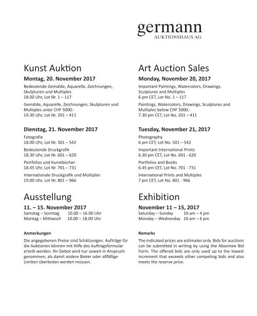 Kunst Auktion 20. - 21. November 2017, Germann Auktionshaus Zürich   