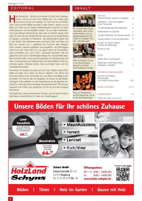 Stadtmagazin für Siegburg, Lohmar und Neunkirchen-Seelscheid, Ausgabe 10 / November 2017