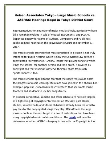 Keisen Associates Tokyo - Large Music Schools vs. JASRAC: Hearings Begin in Tokyo District Court