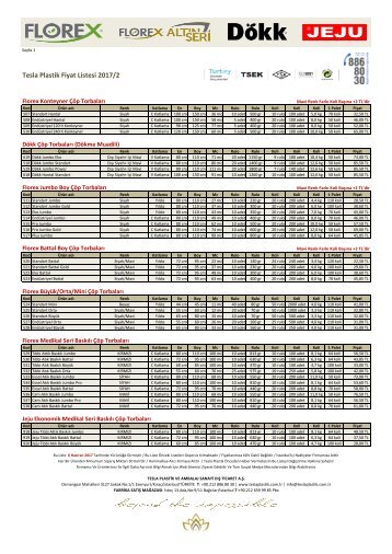 2017-2 Sayılı Tesla Plastik Fiyat Listesi