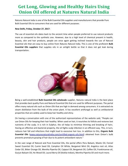 Get Long, Glowing and Healthy Hairs Using Onion Oil offered at Natures Natural India