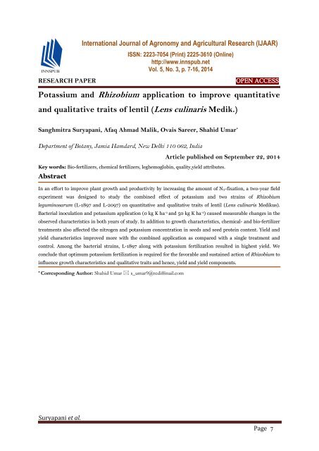 Potassium and Rhizobium application to improve quantitative and qualitative traits of lentil (Lens culinaris Medik.)