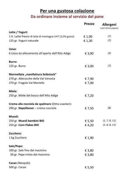 Frühstückskarte 2024 Italienisch