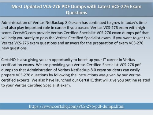 Valid VCS-276 PDF Questions Answers | Valid VCS-276 Dumps