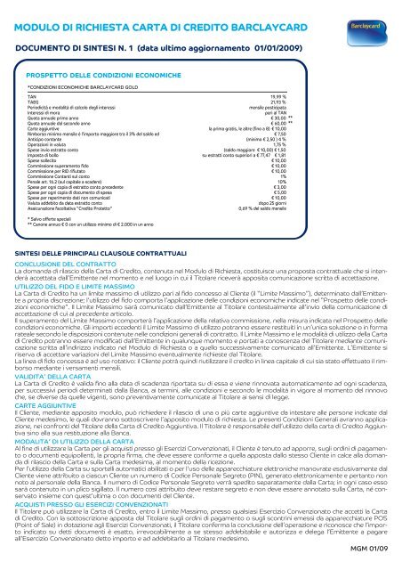 MODULO DI RICHIESTA CARTA DI CREDITO BARCLAYCARD