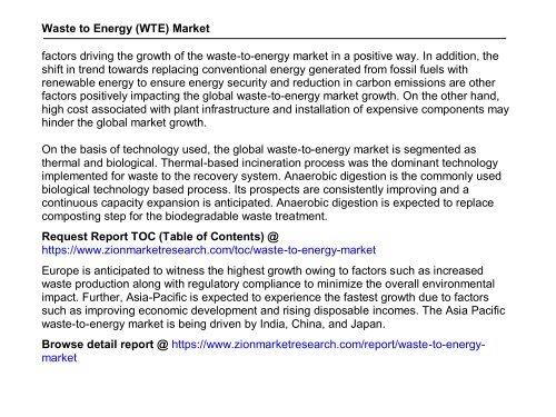 Global Waste to Energy (WTE) Market, 2015-2021