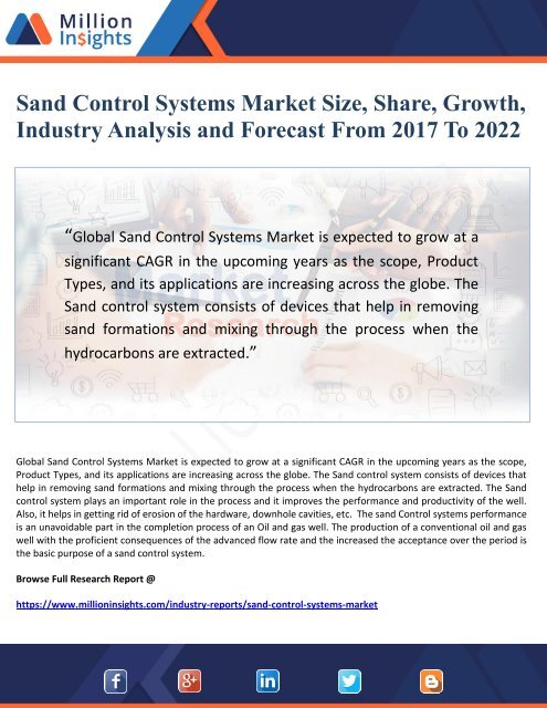 Sand Control Systems Market - Global Industry Analysis, Size, Share, Growth, Trends, and Forecast 2017 - 2022