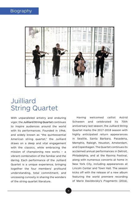 CAMA's Masterseries presents Juilliard String Quartet - Saturday, November 11, 2017 - Program Magazine