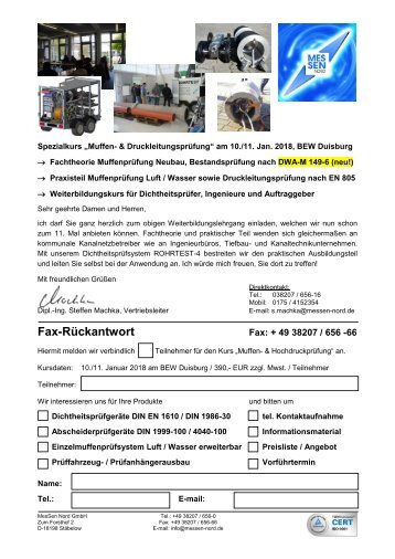 Spezialkurs Einzelmuffenprüfung+Druckleitungsprüfung BEW Duisburg 10. & 11. 01.2018