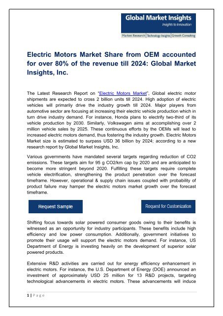 Electric Motors Market segmentation in small DC motors for automotive highest revenue share surpassing USD 26 billion by 2024
