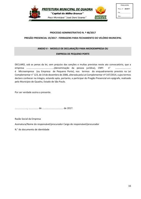 Edital PMQ PP 19_2017_Ferragens para confecção de grades para fechamento velório_Exclusivo ME_EPP