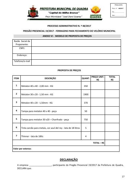 Edital PMQ PP 19_2017_Ferragens para confecção de grades para fechamento velório_Exclusivo ME_EPP