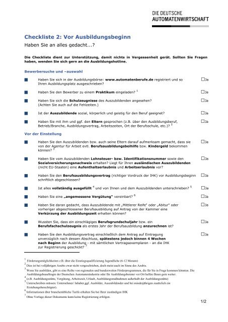 Ausbildungscheckliste Teil 2 Vor Ausbildungsbeginn Ausbildungscheckliste Teil 2 Vor Ausbildungsbeginn