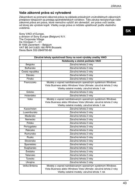 Sony VGN-NS31MT - VGN-NS31MT Documenti garanzia Ceco