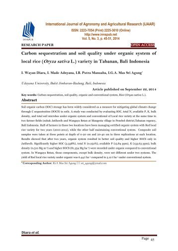 Carbon sequestration and soil quality under organic system of local rice (Oryza sativa L.) variety in Tabanan, Bali Indonesia