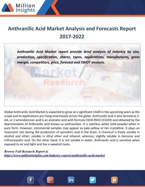 Anthranilic Acid Market Analysis and Forecasts Report 2017-2022