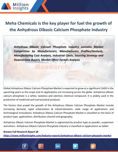 Meha Chemicals is the key player for fuel the growth of the Anhydrous Dibasic Calcium Phosphate Industry