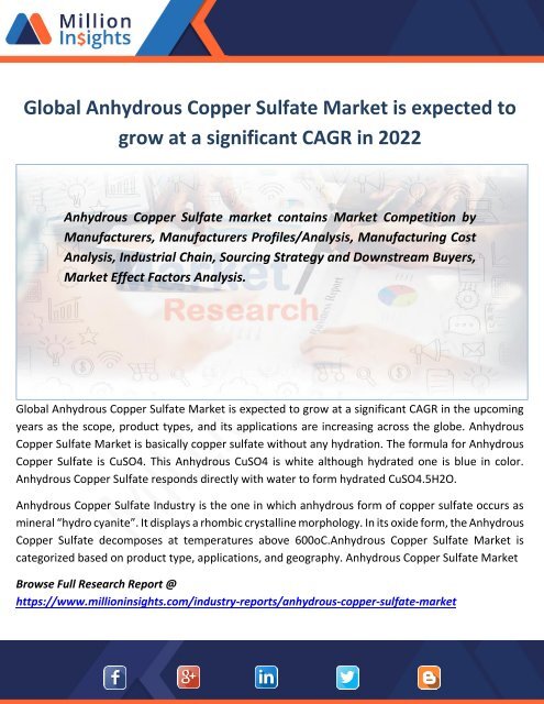 Global Anhydrous Copper Sulfate Market is expected to grow at a significant CAGR in 2022