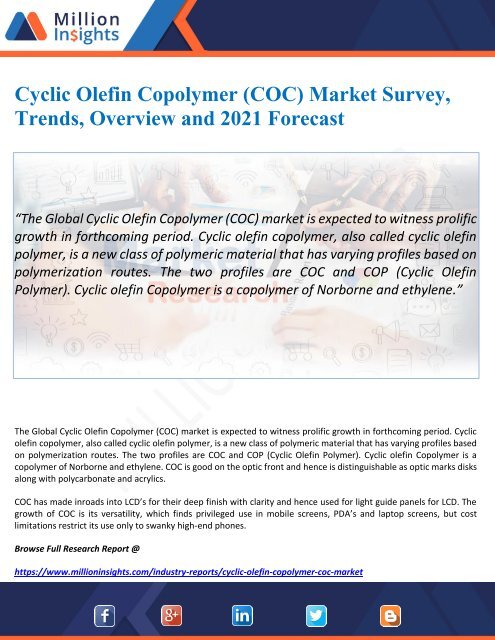 Cyclic Olefin Copolymer (COC) Market Survey, Trends, Overview and 2021 Forecast