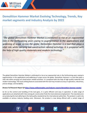 Demolition Hammer Market Evolving Technology, Trends, Key market segments and industry Analysis by 2022