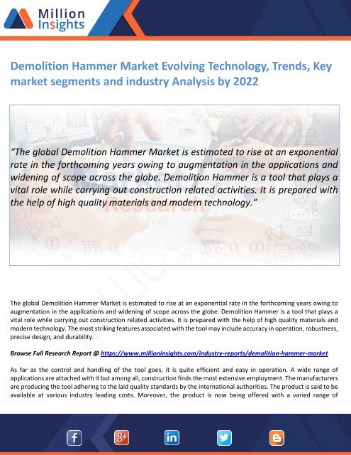 Demolition Hammer Market Evolving Technology, Trends, Key market segments and industry Analysis by 2022