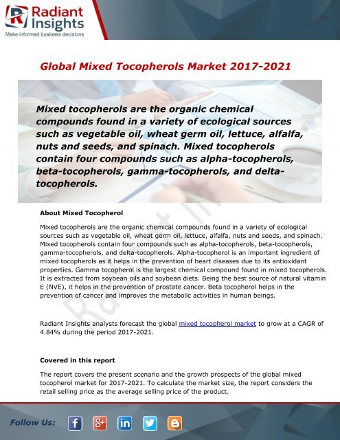 Mixed Tocopherols Market Size, Share, Trends and Forecast Report to 2021:Radiant Insights, Inc