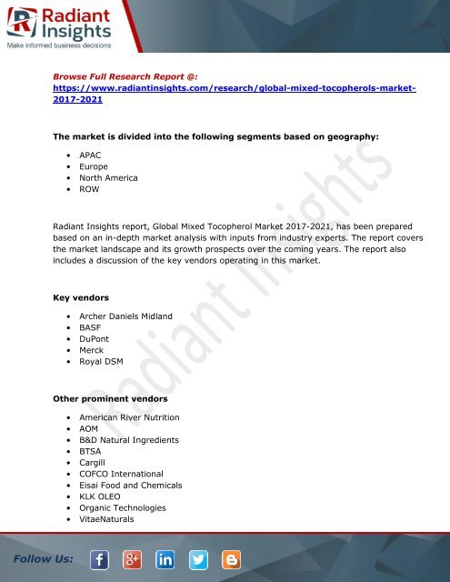 Mixed Tocopherols Market Size, Share, Trends and Forecast Report to 2021:Radiant Insights, Inc